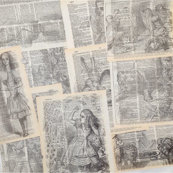 Alice in Wonderland Dictionary Prints 2, Black and White Alice Prints - Picture 1 of 6